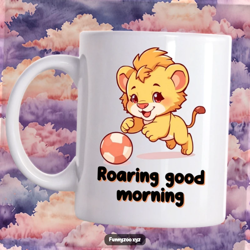 Funny Lion Cub Pounce Mug: Cute lion cub character playfully leaping with excitement onto a colorful bouncing ball.