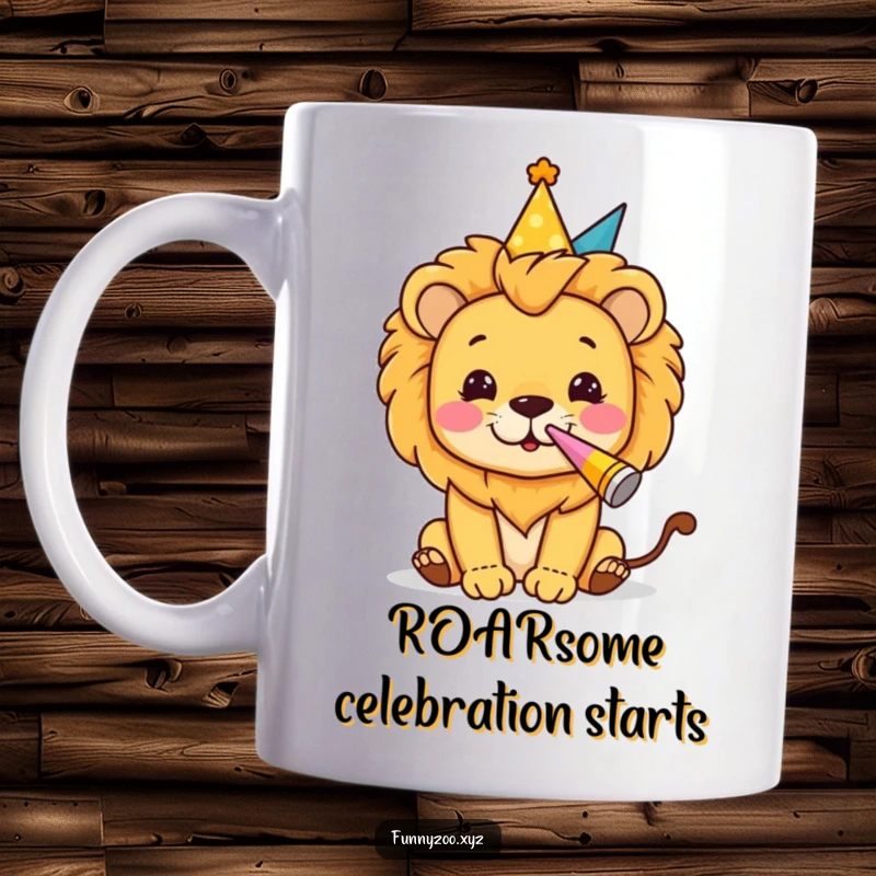 Funny lion mug featuring a character in a tiny party hat blowing a party horn, ready for a wild celebration.