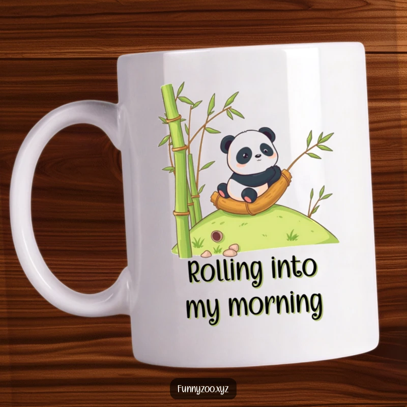 Funny Panda Bamboo Mug: Curious panda joyfully rolling downhill inside a giant bamboo stalk.