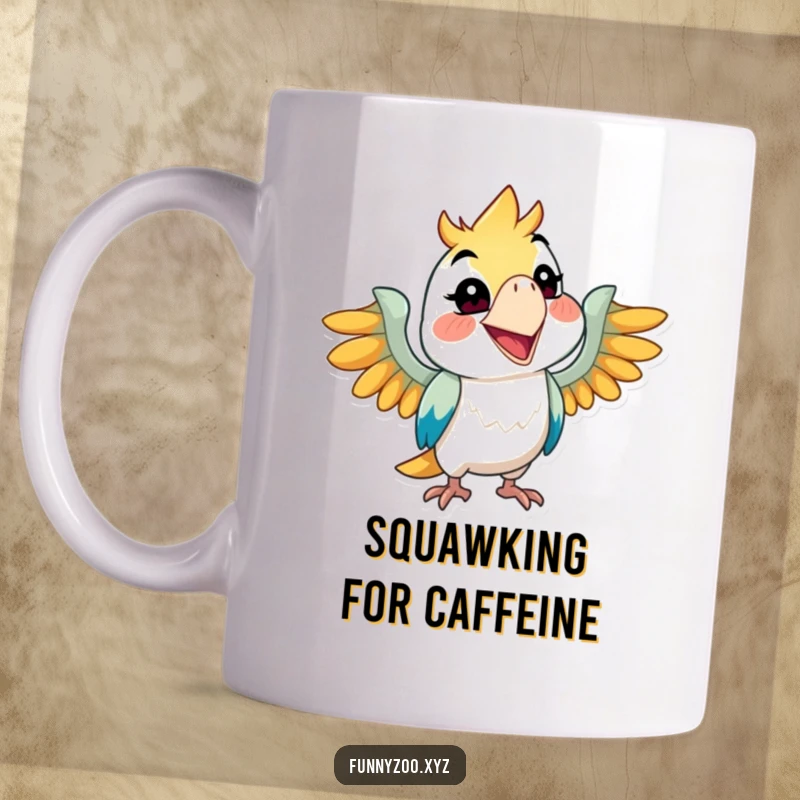 Funny parrot mug with character squawking with a wide grin, mischievous and chatty, perfect funny gift.