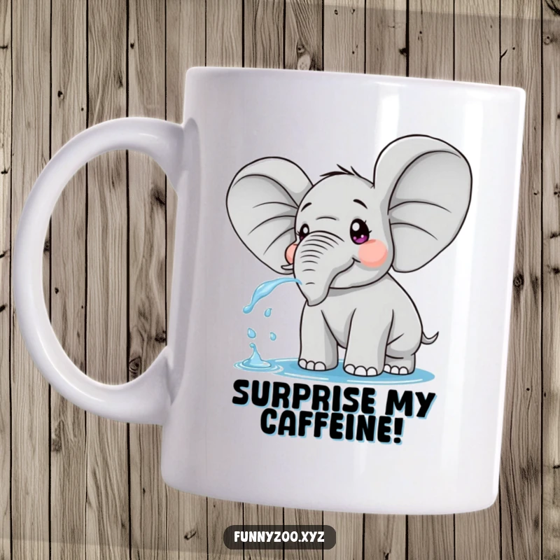 Funny mug featuring a surprised elephant with incredibly oversized ears playfully spraying water, conveying shock and fun.