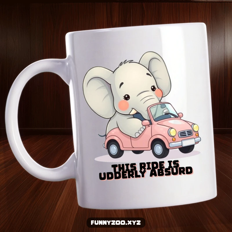 Funny mug featuring a bewildered elephant struggling to squeeze into a ridiculously small car, showcasing immense comedic effort.