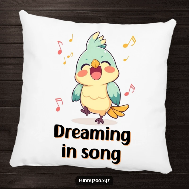 Funny Parrot Pillow: A happy parrot squawking joyfully amidst a shower of musical notes.
