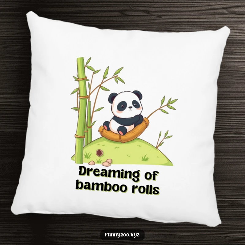 Funny Panda Pillow: A panda is humorously rolling downhill inside a large bamboo stalk.