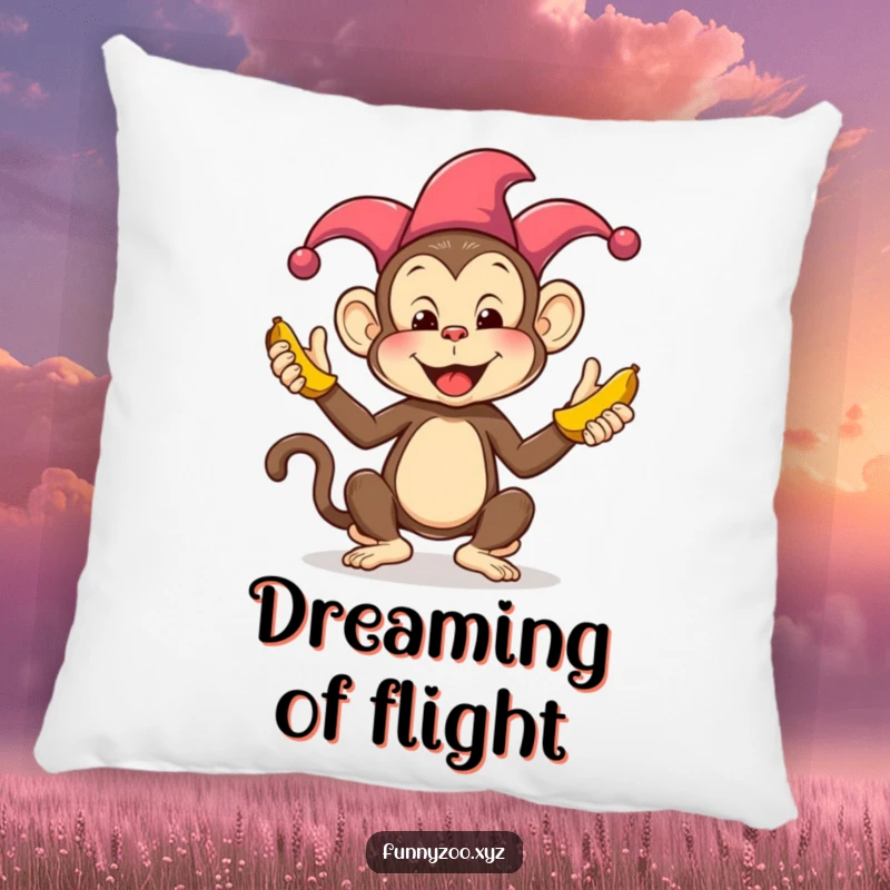 Funny Monkey Juggling Bananas Pillow: A soft pillow featuring a funny jester monkey juggling bananas, perfect for adding humor to decor.