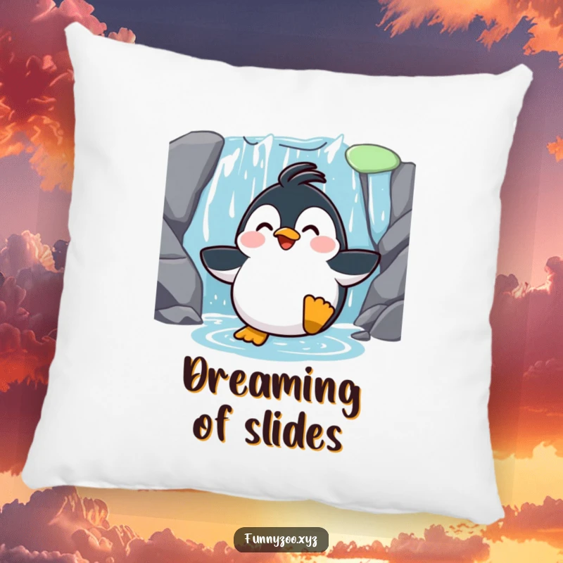 Funny Penguin Waterfall Slide Pillow: A comfortable pillow featuring a surprised penguin sliding down a waterfall, adding humor to any room.