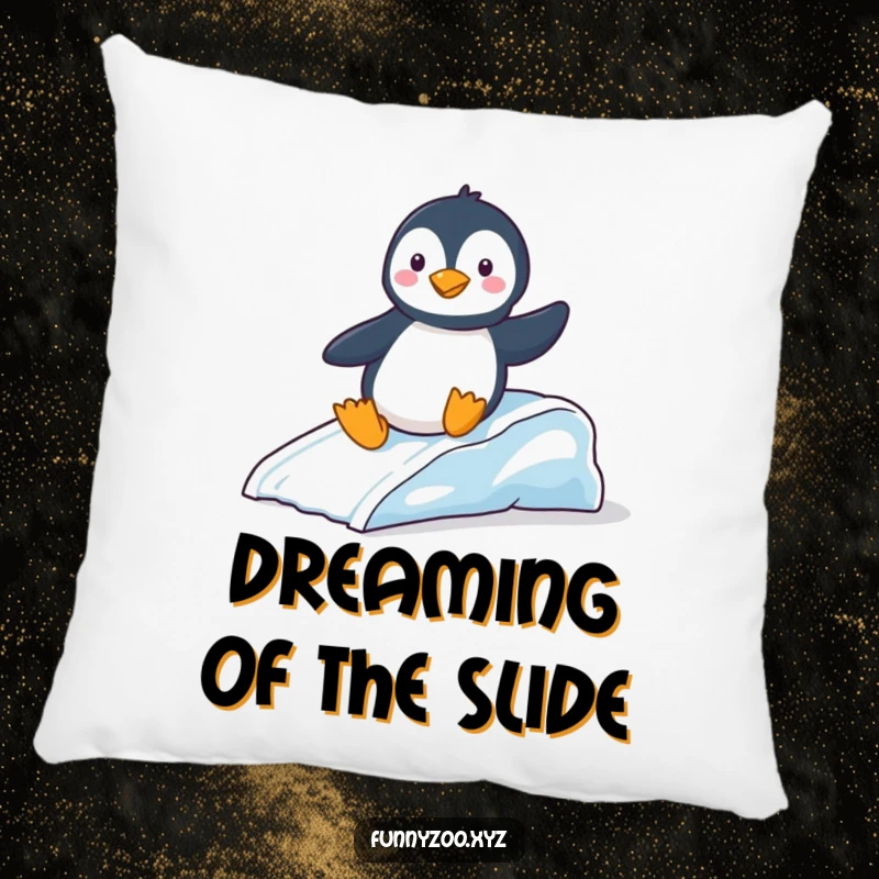 Funny Pillow: Cute penguin sliding down an ice slide, a soft and humorous decorative accent.