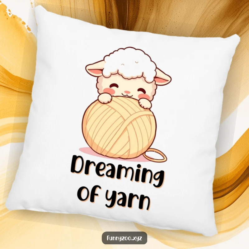 Funny Pillow: Cute fluffy sheep headbutting a giant yarn ball, a soft and humorous decorative accent.
