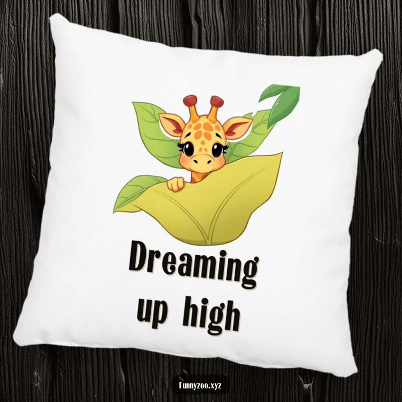Funny giraffe pillow with a happy character peeking over a jungle leaf, offering comfort and playful decor.