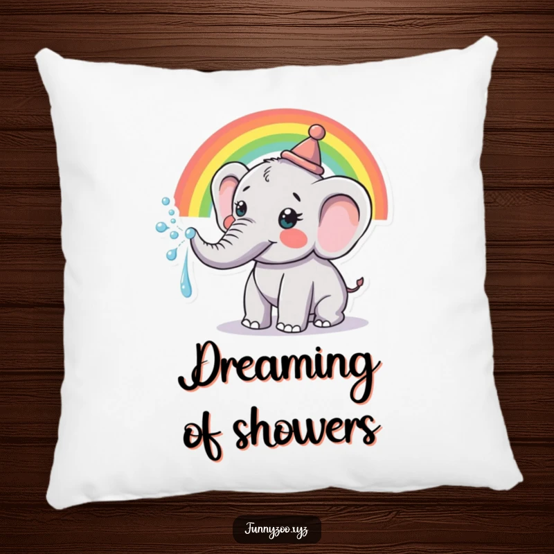 Funny Pillow: Soft cushion featuring a happy elephant in a hat, joyfully spraying a rainbow from its trunk.