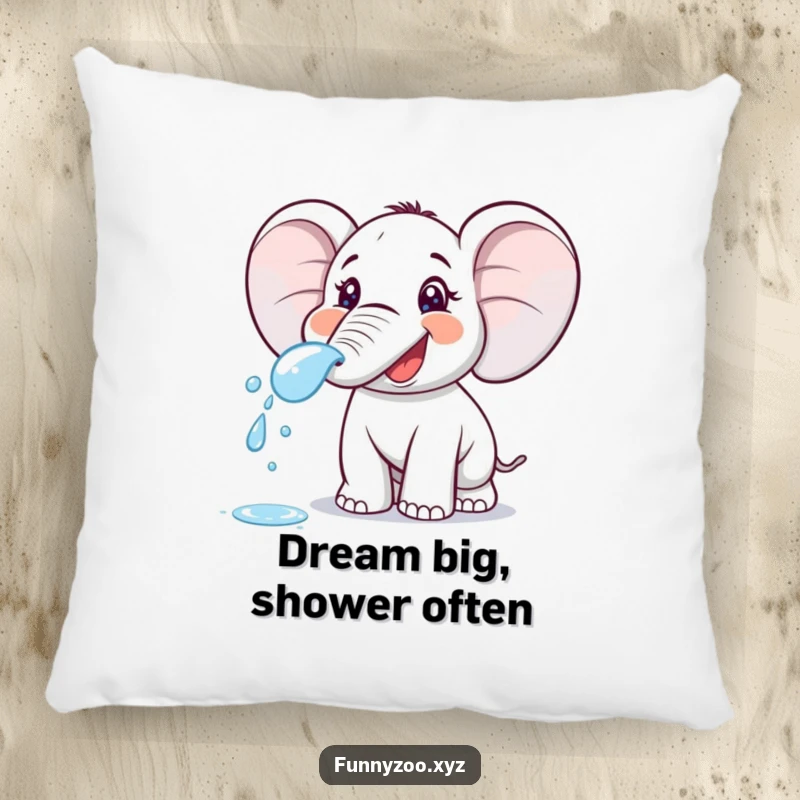 Funny cartoon elephant spraying water from its trunk, printed on a soft, comfortable pillow. A humorous decor item.