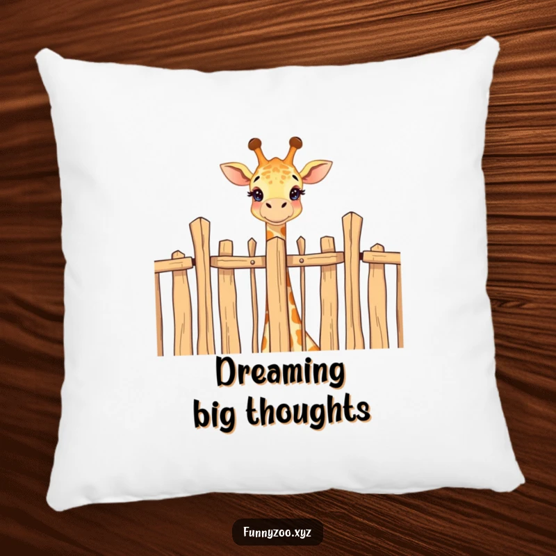 Funny pillow designed with a happy giraffe peeking over a fence, offering comfort and a touch of whimsical humor.