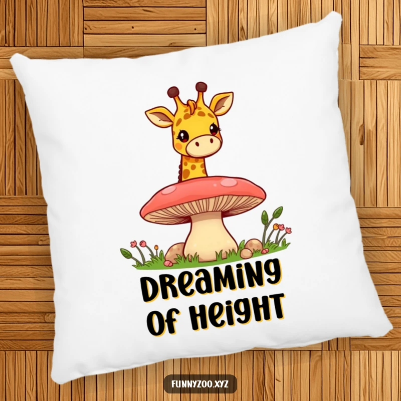 Funny Giraffe Mushroom Peek Pillow: A soft pillow featuring a cheerful giraffe peeking over a mushroom, perfect for whimsical room decor.