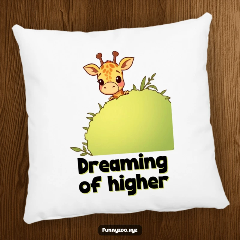 Funny giraffe character peeking over a cartoon bush, creating a soft and humorous accent pillow for any room.