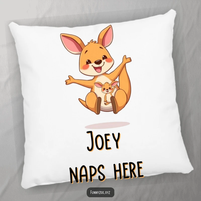Funny Kangaroo Pillow: A plush depiction of a happy kangaroo mom bouncing with her joey in her pouch, perfect for cozy, cheerful lounging.