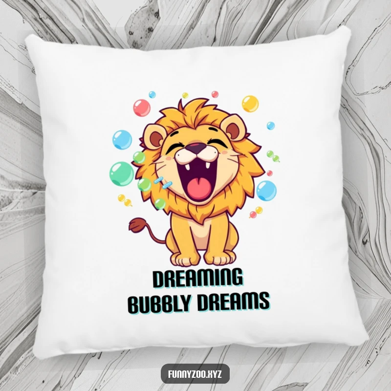 Funny lion pillow with a playful character roaring and blowing colorful bubbles, perfect for soft, humorous comfort.