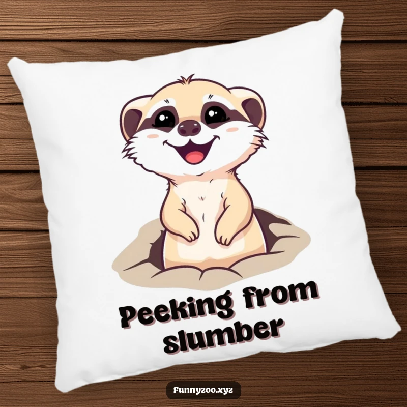 Funny pillow featuring a happy meerkat character popping its head out of a hole, bringing comfort and a hint of playful observation.