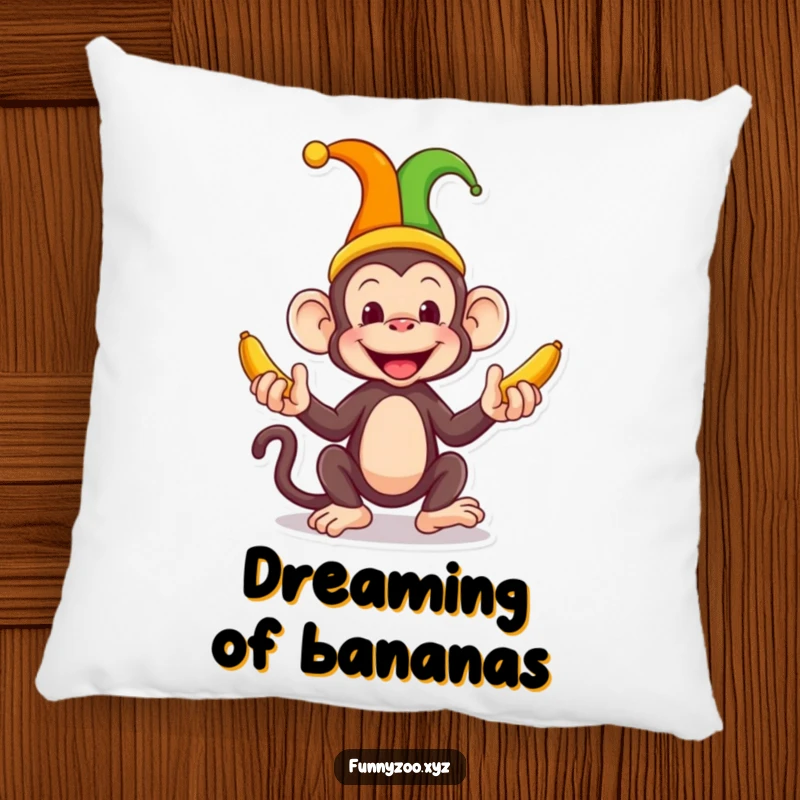 Funny Monkey Jester Pillow a silly monkey in a jester hat juggles bananas, providing a soft, humorous, and decorative accent that radiates fun.