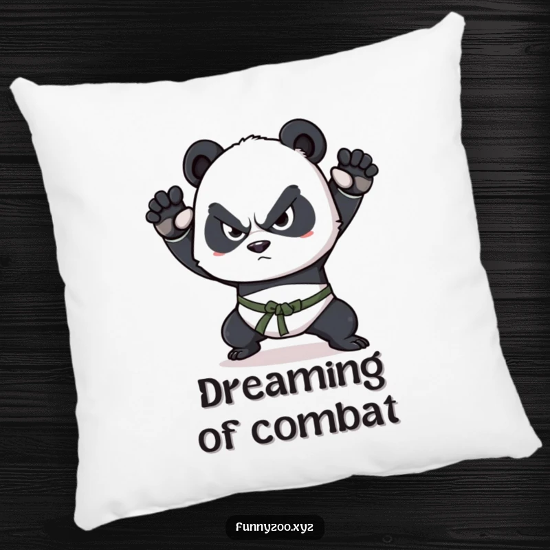 Funny panda pillow, determined squint, practicing martial arts poses, designed for comfort and a humorous reminder of inner strength.