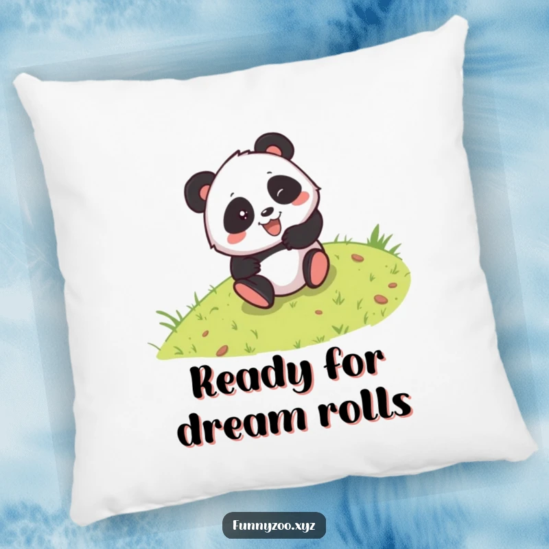 Funny pillow featuring a mischievous panda character rolling down a grassy hill, bringing cozy comfort and a splash of lighthearted amusement.