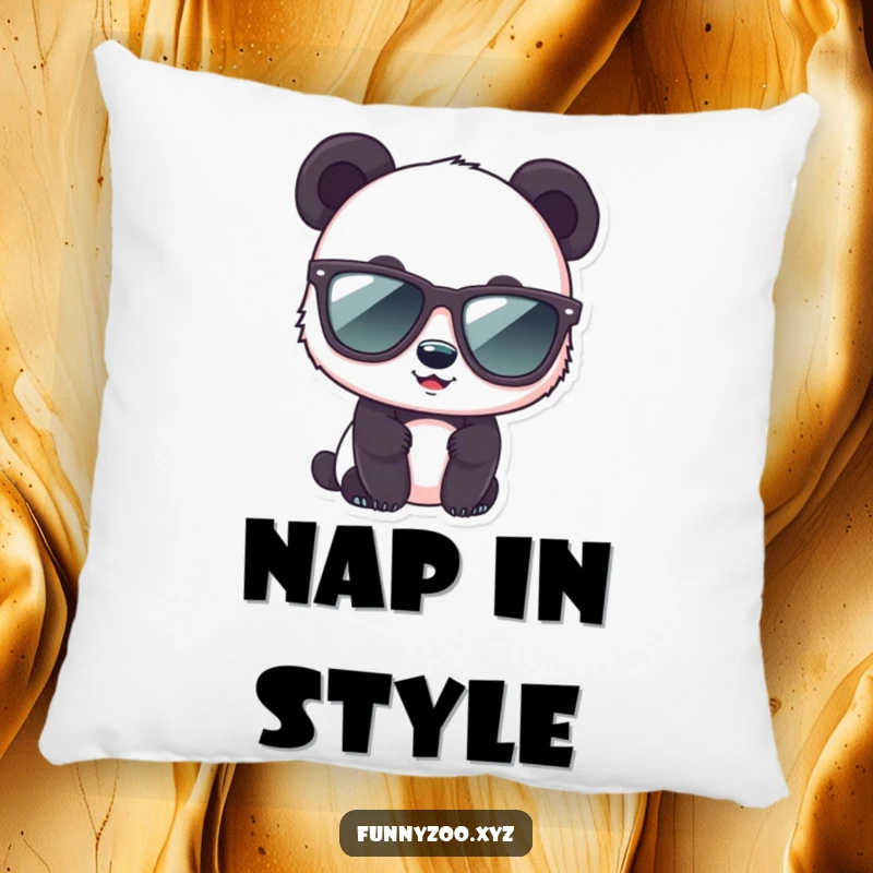 Funny panda pillow featuring a cute bear wearing oversized sunglasses, perfect for adding cool vibes.