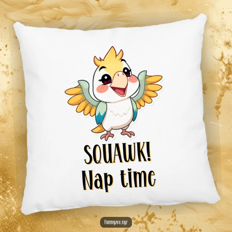 Funny parrot pillow, character squawking with a wide grin, soft cushion, mischievous and charming, perfect funny gift.