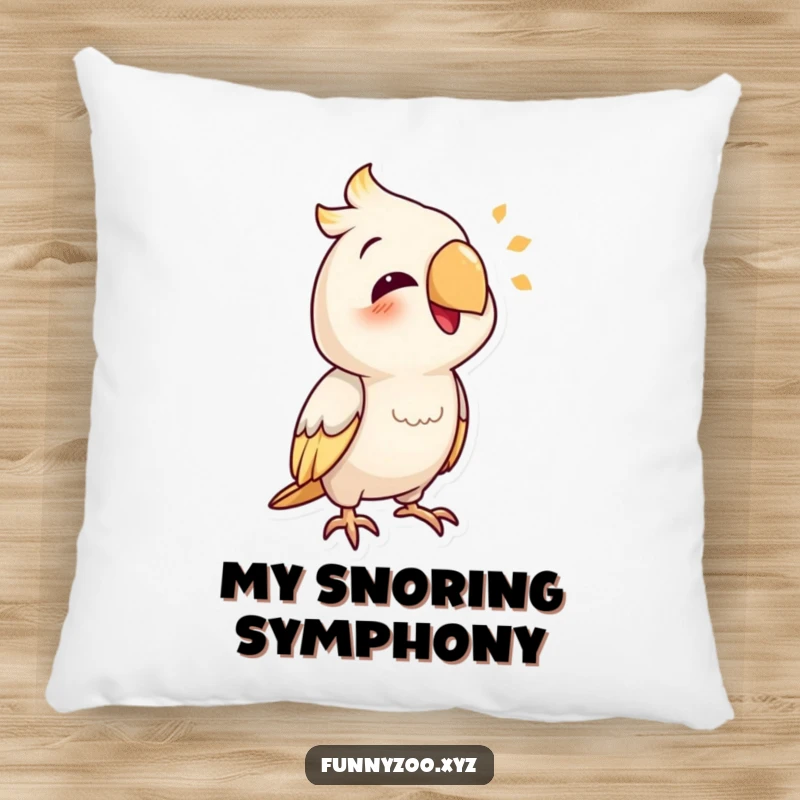 Funny parrot pillow featuring a smiling bird character captured mid-mimic of a funny sound.