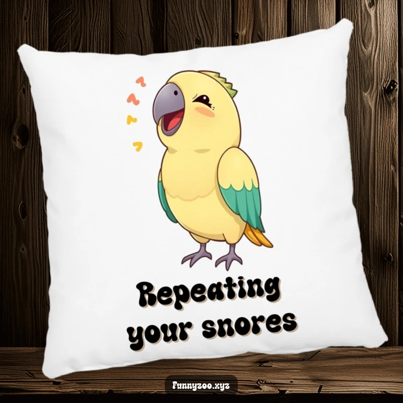 Funny pillow featuring a parrot hilariously mimicking a sound, adding a touch of playful humor to any living space.