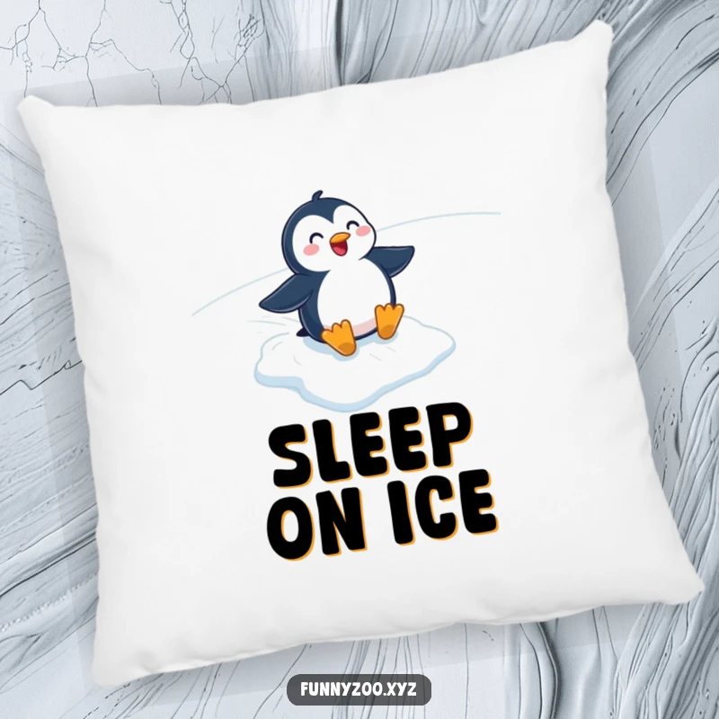 Funny cartoon penguin sliding down an icy slope, printed on a soft, comfortable pillow. A humorous winter accent.