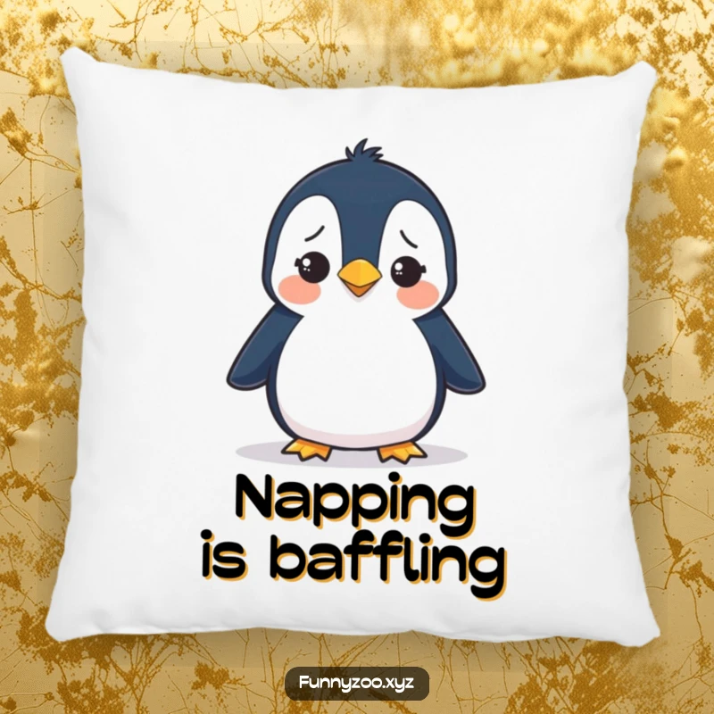 Funny pillow designed with a penguin waddling with a confused expression, offering comfort and a touch of whimsical humor.