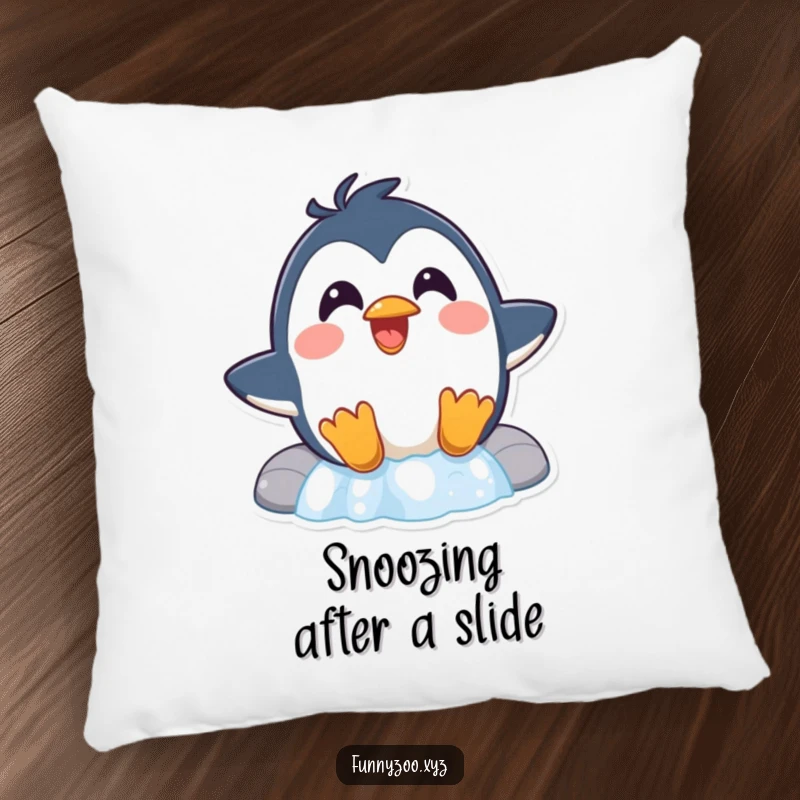 Funny Penguin Waterfall Pillow a surprised penguin slides down a waterfall laughing, providing a soft, humorous, and decorative accent that radiates fun.