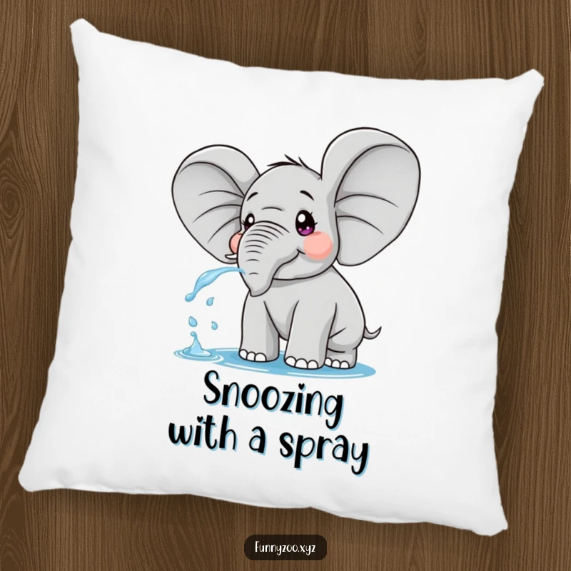 Funny pillow featuring a surprised elephant with oversized ears, playfully spraying water, providing comfort and comic relief.