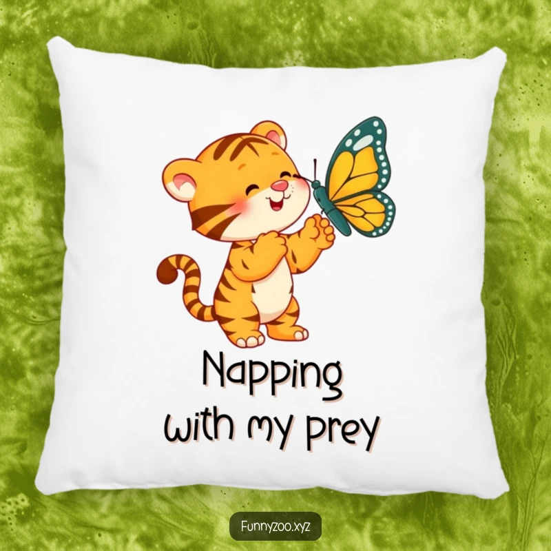 Funny Tiger Pillow: A playful tiger innocently batting at an oversized butterfly.