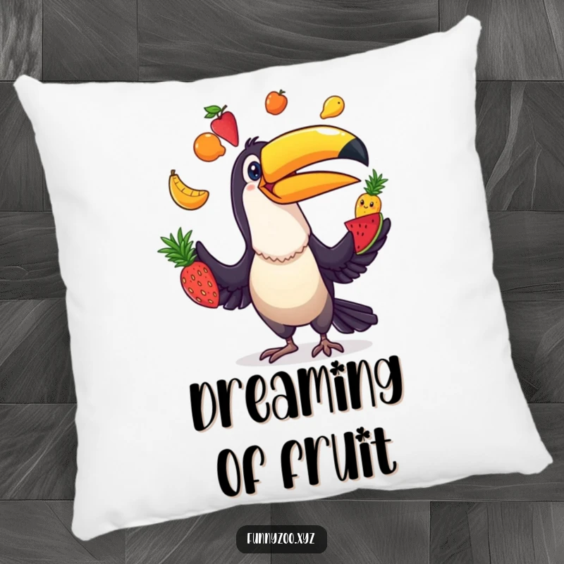 Funny Toucan Juggler Pillow: Plush pillow featuring a comical toucan juggling colorful fruits, perfect for adding a cheerful touch.