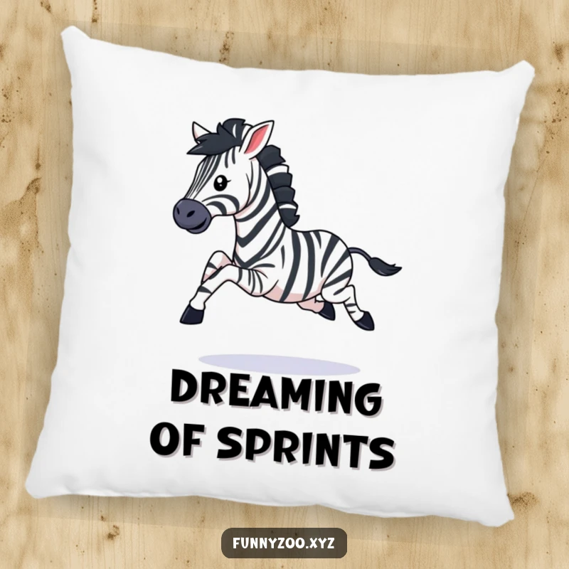 Funny pillow featuring a playful zebra character galloping with legs kicking, bringing comfort and a touch of energetic fun.