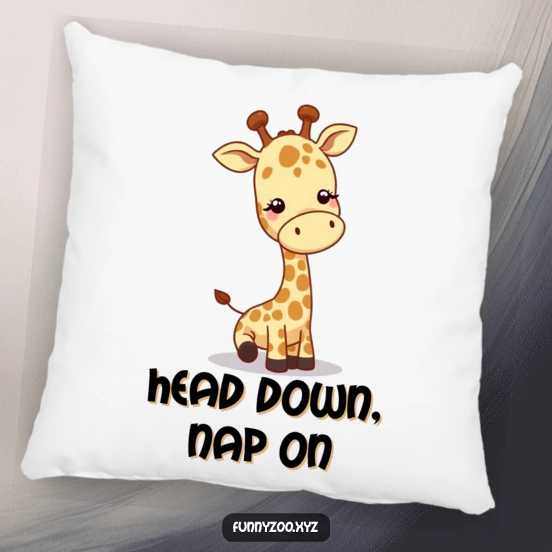 Funny giraffe pillow, character lowering head to greet, soft cushion, playful comfort, perfect funny gift.