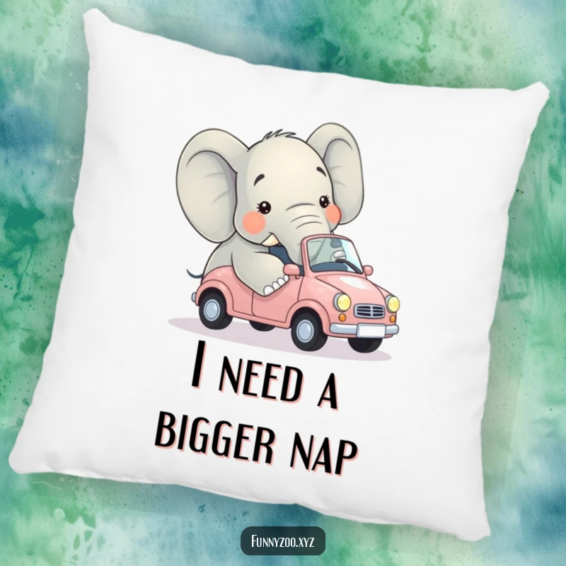 Funny pillow with a large elephant awkwardly crammed into a miniature car, designed for maximum comedic effect and softness.