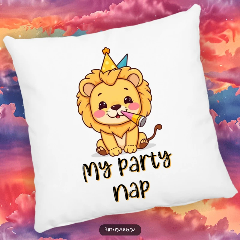 Funny plush pillow of a lion character in a party hat blowing a party horn, bringing festive comfort.