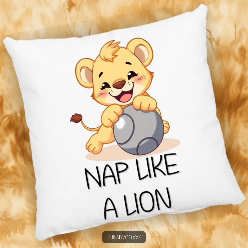 Funny lion cub pillow, character playfully pouncing on a rolling ball, soft cushion, bold and cute, perfect funny gift.