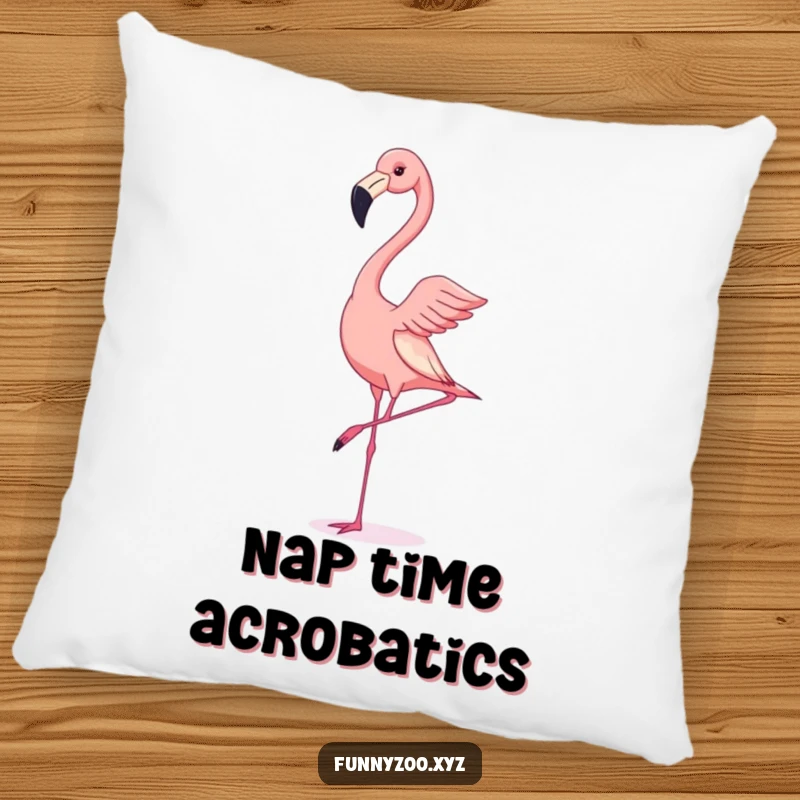 Funny pillow featuring a flamingo struggling comically with a handstand, adding a touch of playful humor to any room.