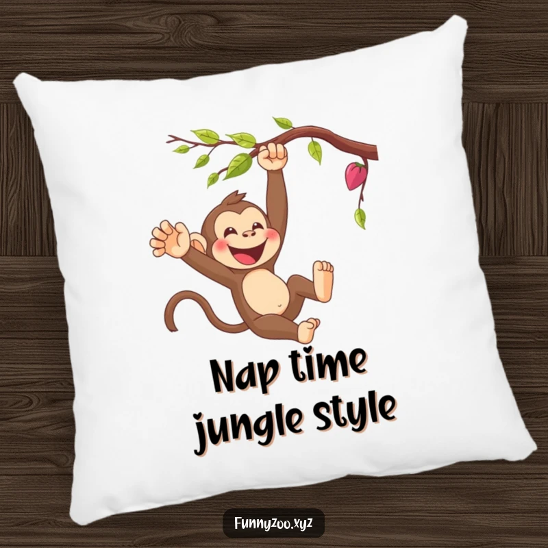 Funny cartoon monkey swinging joyfully from a vine, printed on a soft, comfortable pillow. A humorous decor item.