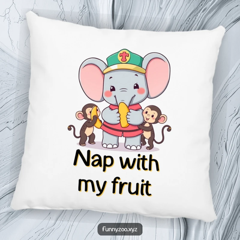 Funny Pillow: Sweet elephant zookeeper offering a banana to a happy monkey, a soft and humorous decorative accent.