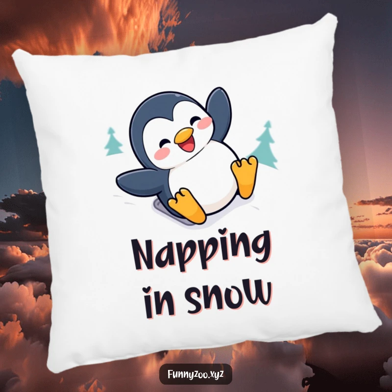 Funny penguin pillow with a joyful character sliding down a snowy hill with a big grin, perfect for soft, humorous comfort.