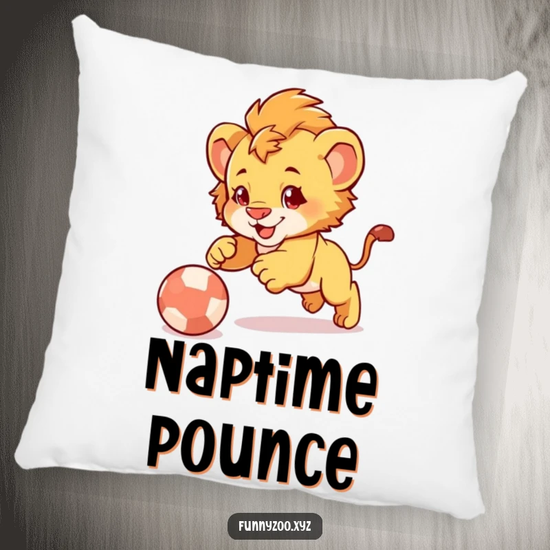 Funny Lion Cub Pounce Pillow: Plush pillow featuring a cute lion cub playfully pouncing on a bouncing ball.