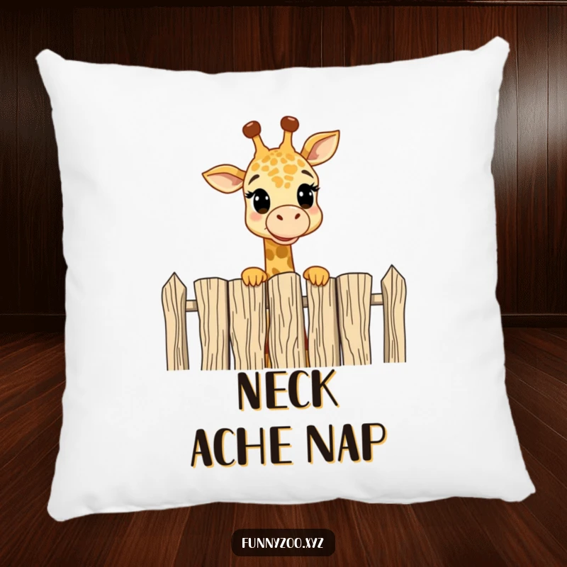 Funny Pillow: Cute giraffe peering over a tall fence with amusement, a soft and humorous decorative accent.