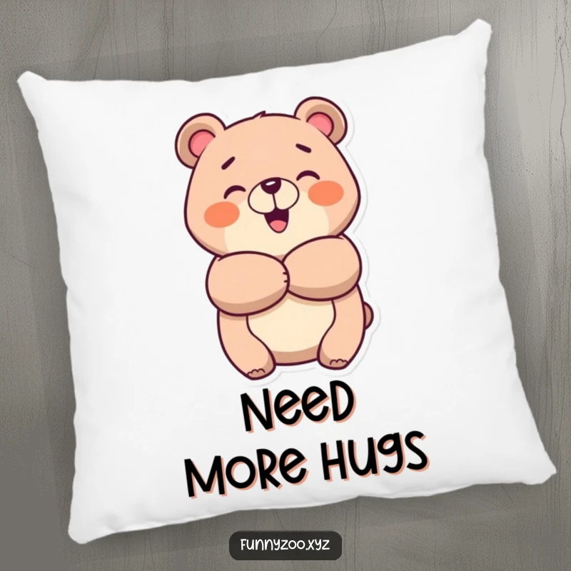 Funny cheerful bear pillow, soft and inviting, showing a bear giving a big, warm, and happy hug.