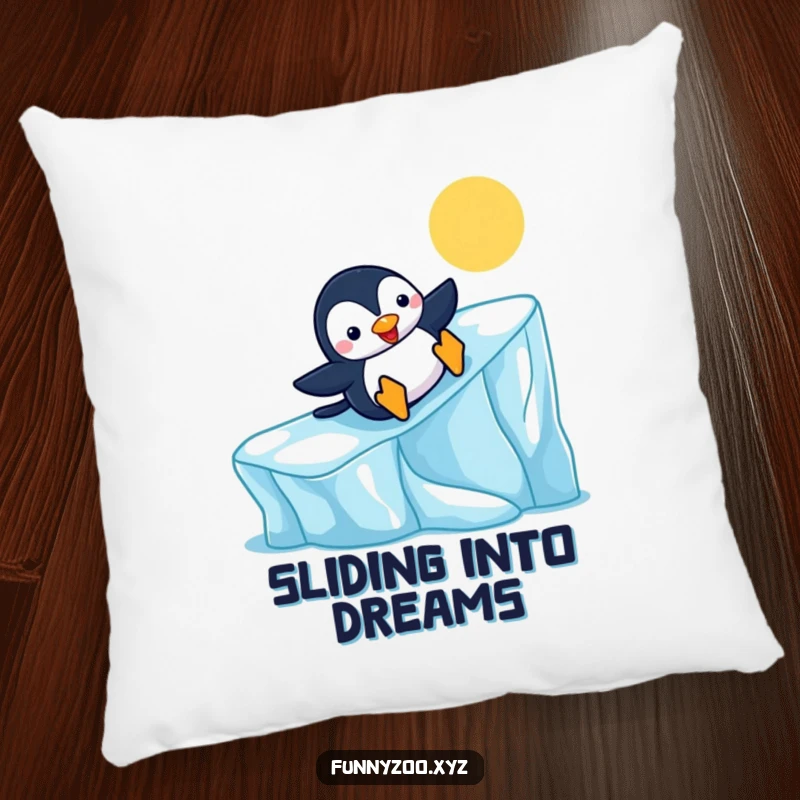 Funny Penguin Pillow cheerfully sliding down a colorful iceberg, comfortable and cute, a great funny gift.