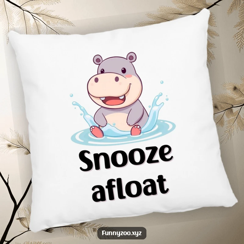 Funny Pillow designed with a jolly hippo character energetically splashing in water, offering comfort and a touch of humorous aquatic art.