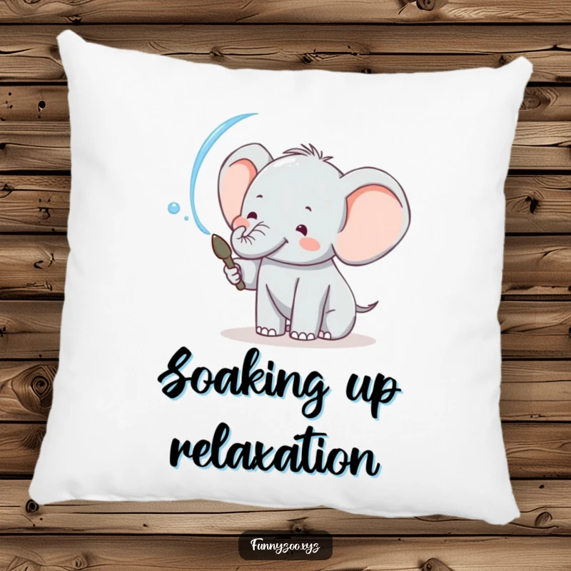 Funny elephant pillow with a cheerful character joyfully spraying water, adding a touch of comfort and humor.