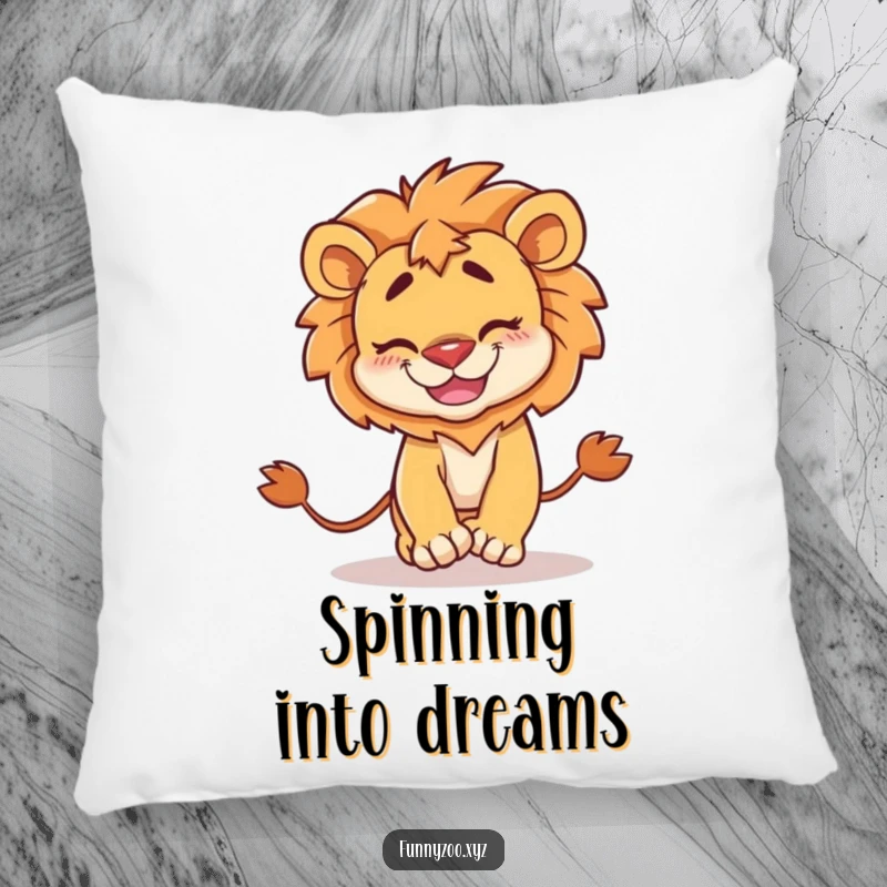 Funny Pillow: Plush cushion featuring a silly lion with a goofy grin, hilariously chasing its own tail.